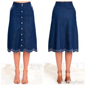 JOA SPONTANEITY MEDIUM WASH DENIM MIDI SKIRT